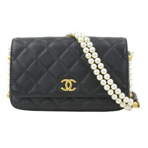 CHANEL Black Pearl Lambskin Leather Wallet